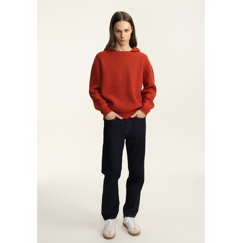 Ribbed flat-neck wool hoodie