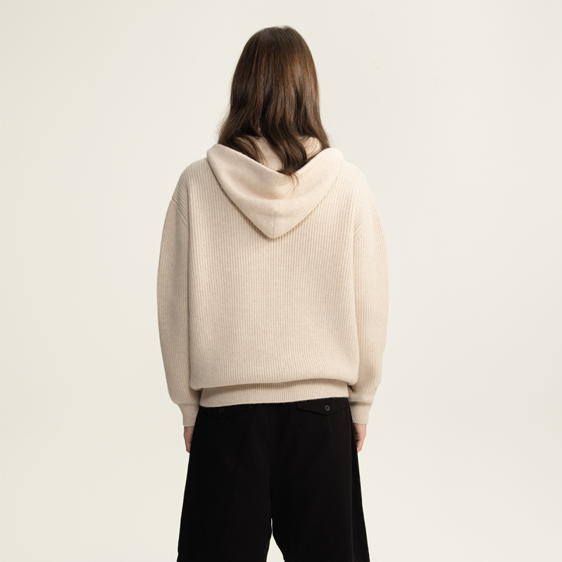 Ribbed flat-neck wool hoodie